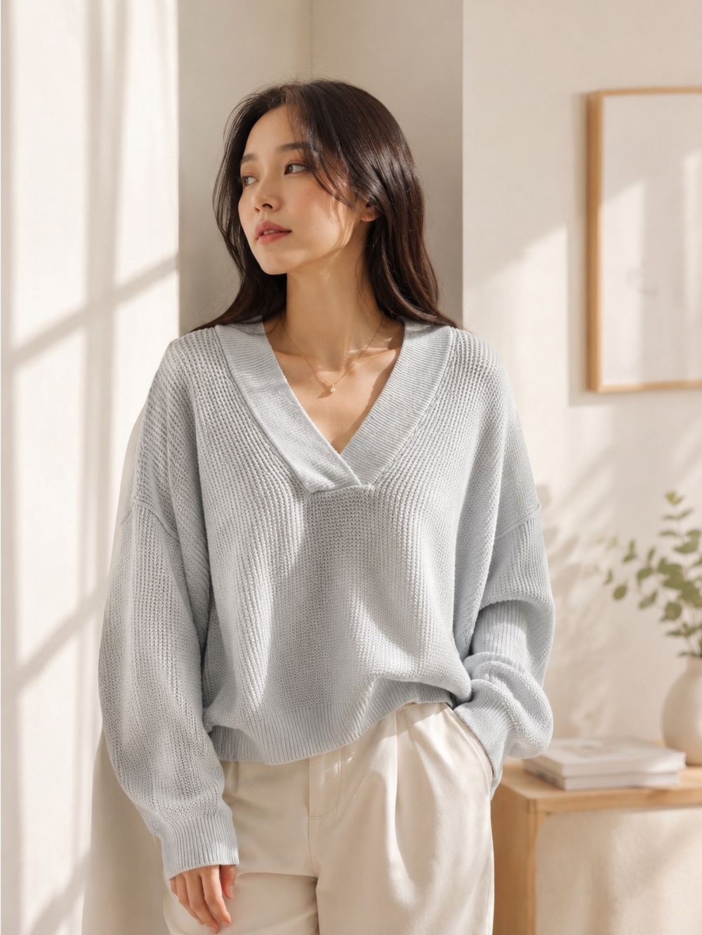 Aerie Light Blue Waffle Knit Oversized V-Neck Hooded Sweater Small